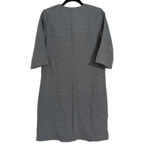 Lenok Len Ok 3/4 Sleeve 100% Linen Blue Tunic V Neck Dress w Pockets Size XS - Picture 2 of 6